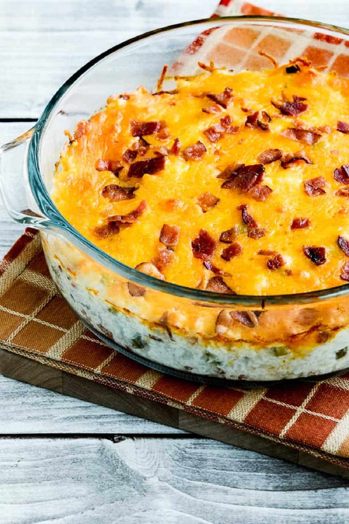 Twice-Baked Cauliflower in baking dish on napkin