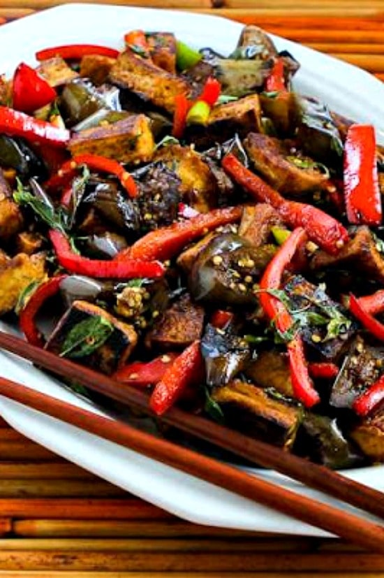 Sriracha-Spiced Stir-Fried Tofu with Eggplant and Red Bell Peppers