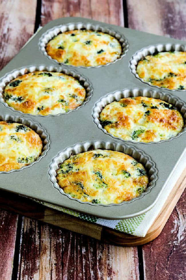 Mini Frittatas with Broccoli and Three Cheeses shown in tart pan.