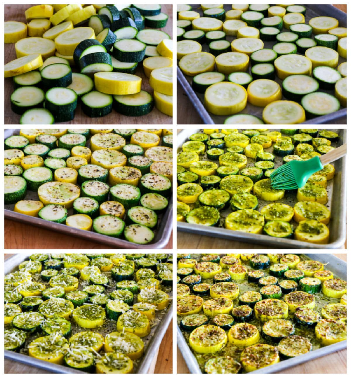 Collective action shots of summer squash with pesto and parmesan