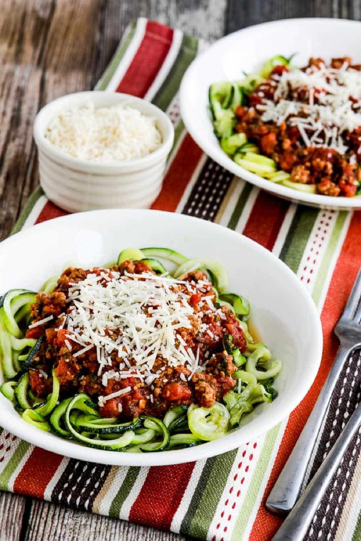 Instant Pot Pasta Sauce served over zucchini noodles in two bowls