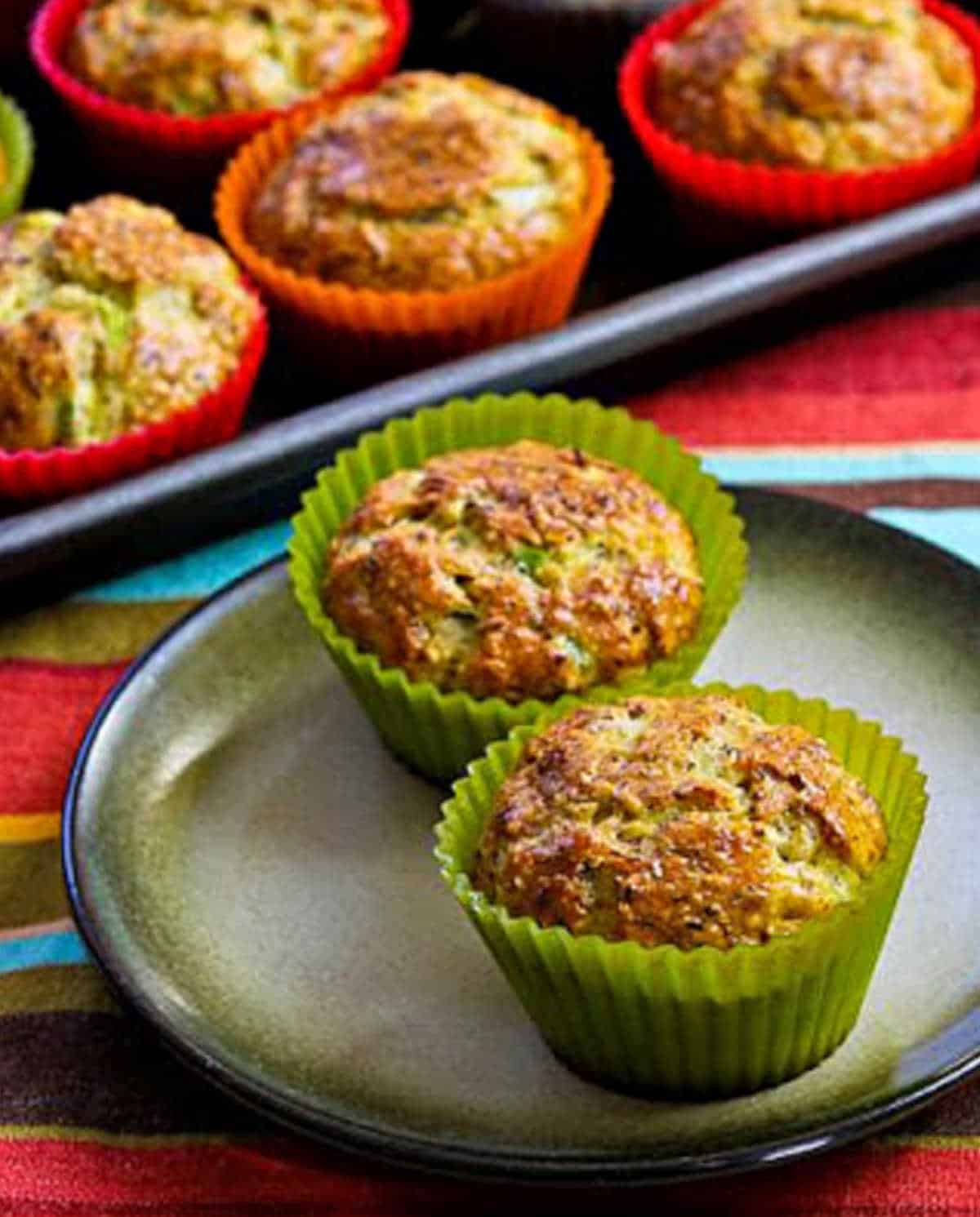 Savory Breakfast Muffins with two muffins on plate and baking sheet in back.