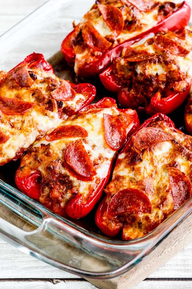 Low-Carb Sausage and Pepperoni Pizza-Stuffed Peppers found on KalynsKitchen.com