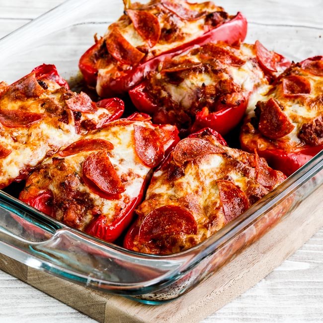 Low-Carb Sausage and Pepperoni Pizza-Stuffed Peppers found on KalynsKitchen.com