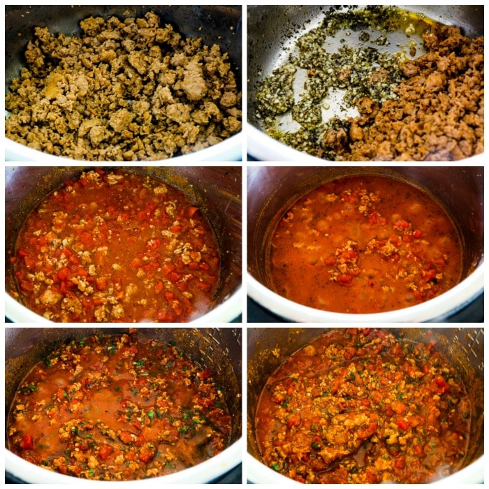 Instant Pot Pasta Sauce with Sausage, Tomatoes, and Herbs process shots collage
