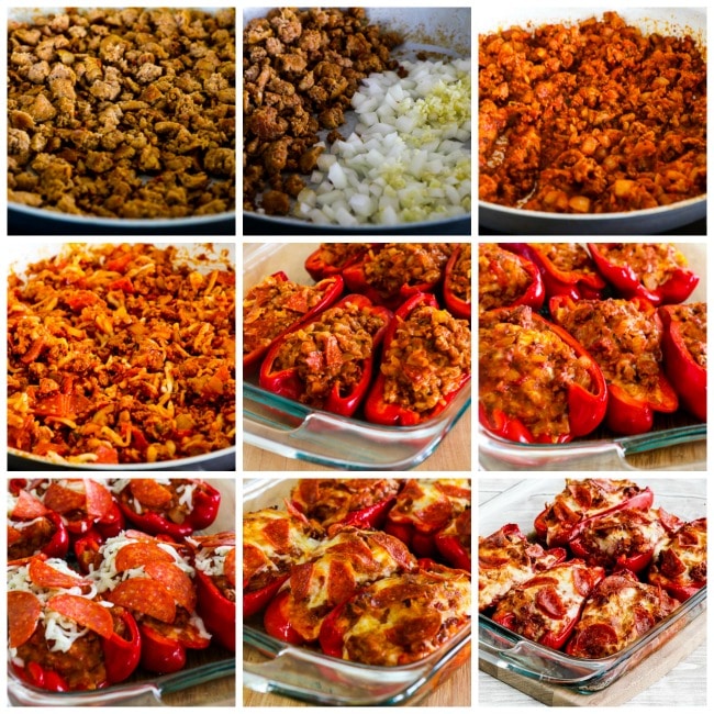 Low-Carb Sausage and Pepperoni Pizza-Stuffed Peppers collage photo of process shots
