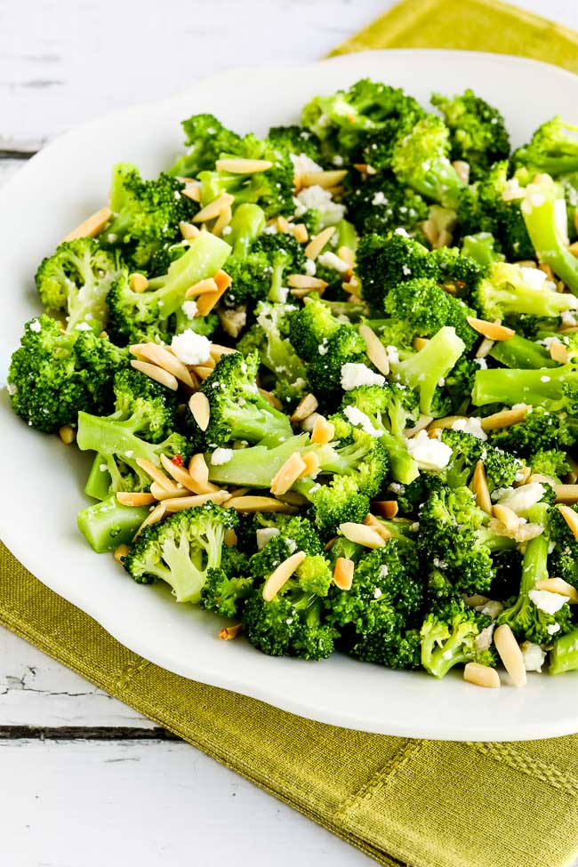 Broccoli Salad with Feta and Almonds on serving plate