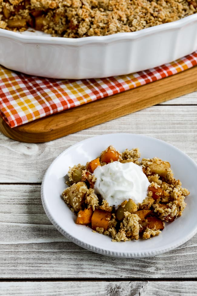 Low-sugar Pumpkin and Apple Crumble on a serving platter