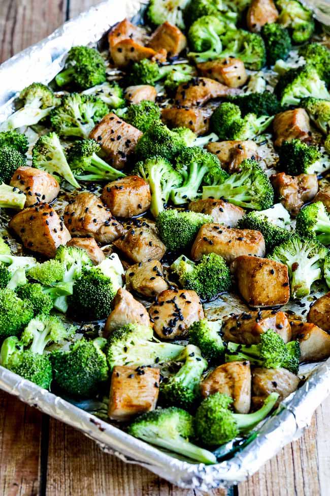 Sesame Chicken and Broccoli Sheet Pan Meal shown on sheet pan
