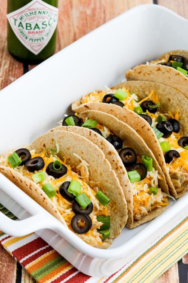 Instant Pot (or Slow Cooker) Low-Carb Cheesy Chicken Tacos found on KalynsKitchen.com