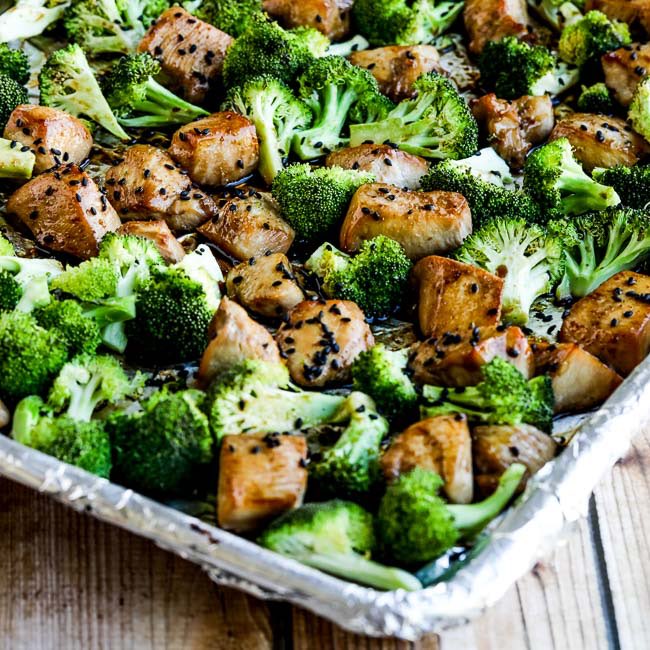 Low-Carb Sesame Chicken and Broccoli Sheet Pan Meal found on KalynsKitchen.com