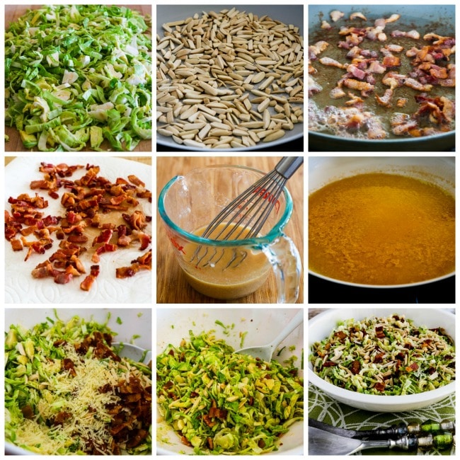 Low-Carb Brussels Sprouts Salad with Bacon, Almonds, and Parmesan process shots collage