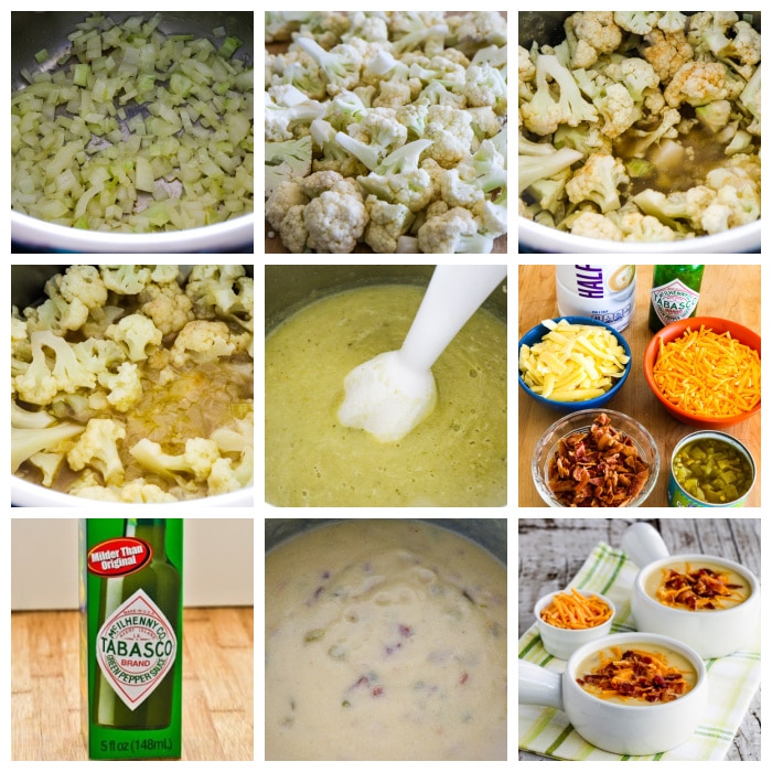 Cheesy Cauliflower Soup with Bacon and Green Chiles process shots collage