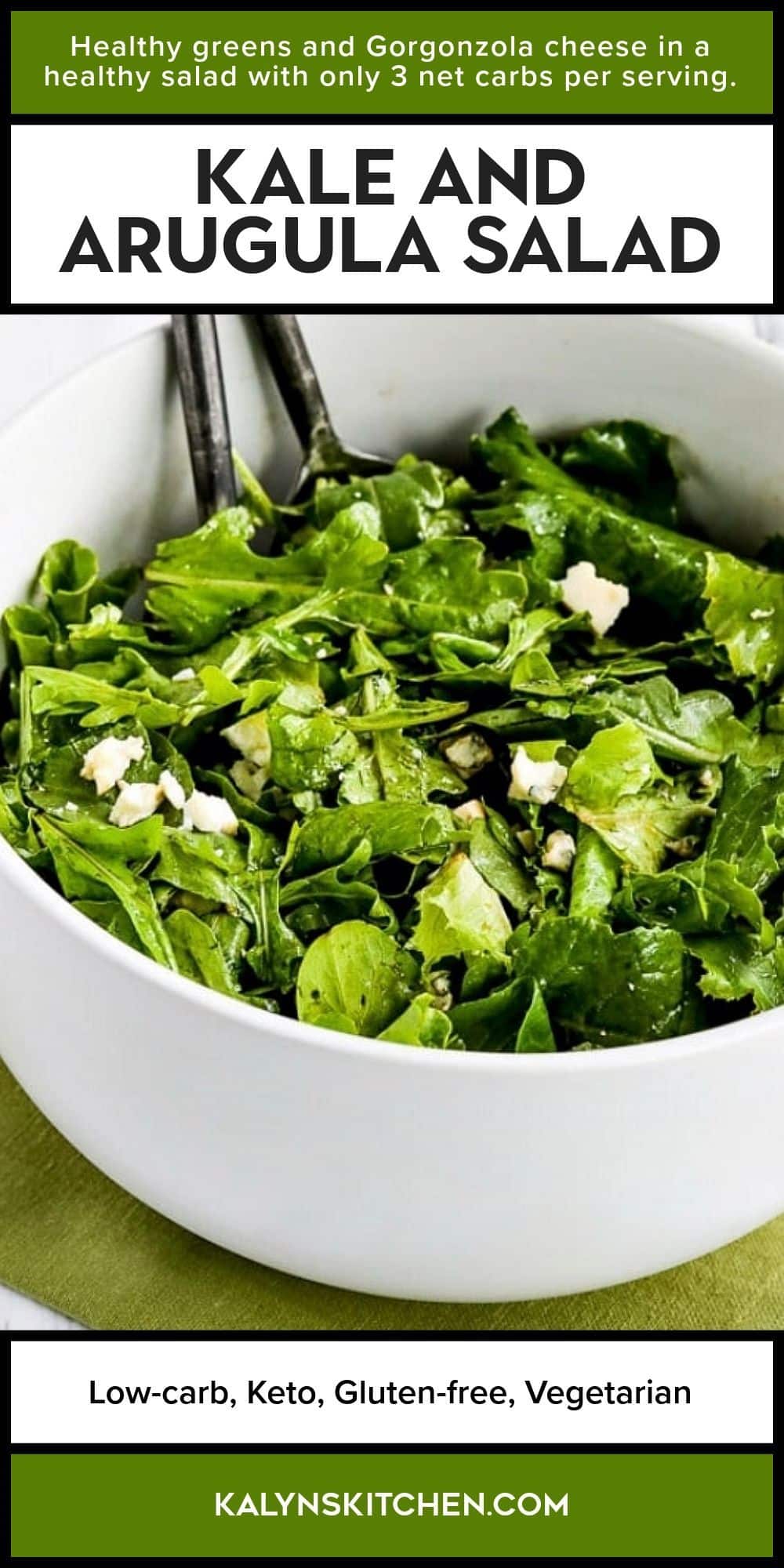 Pinterest image for Kale and Arugula Salad shown in serving bowl with crumbled Gorgonzola.