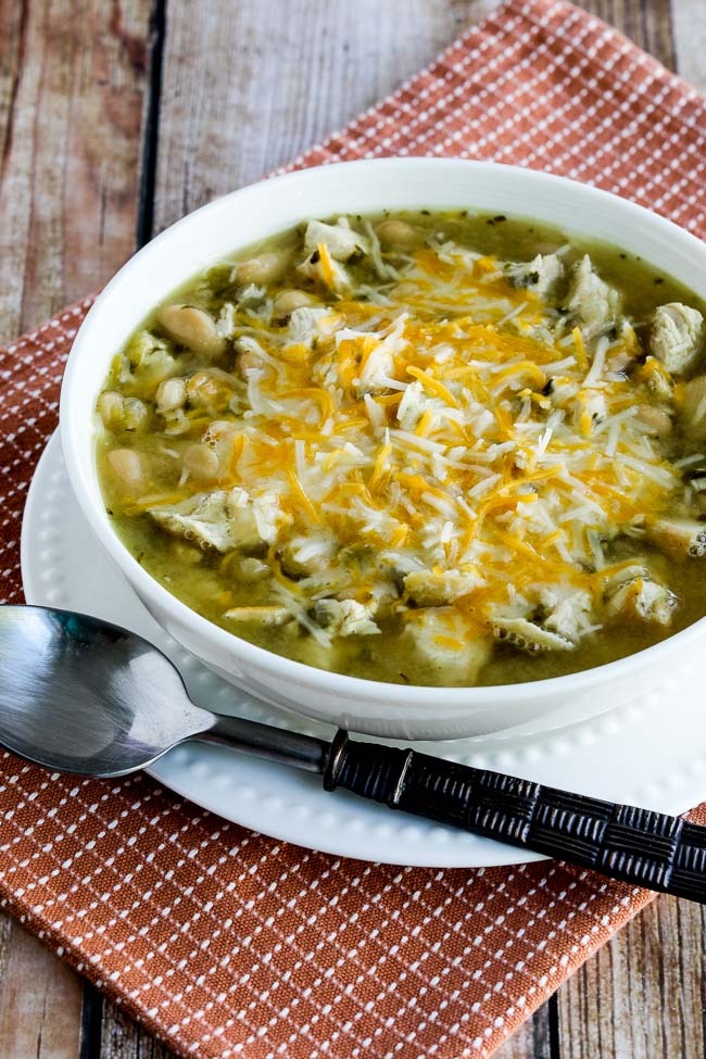 Amy's Amazing White Chicken Chili finished chili in bowl with cheese