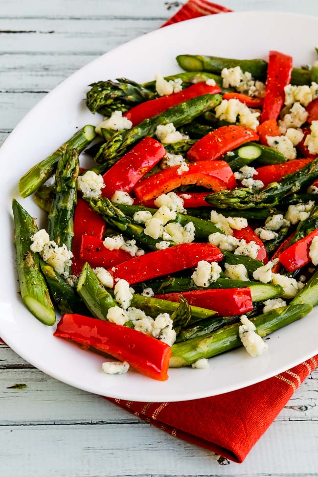 Roasted Asparagus with Red Pepper and Gorgonzola finished dish on serving plate