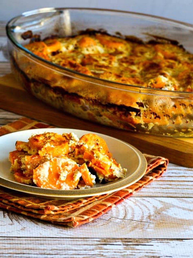Sweet Potato Gratin finished dish with some on serving plate