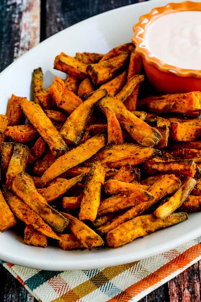 Air Fryer Spicy Sweet Potato Fries found on KalynsKitchen.com