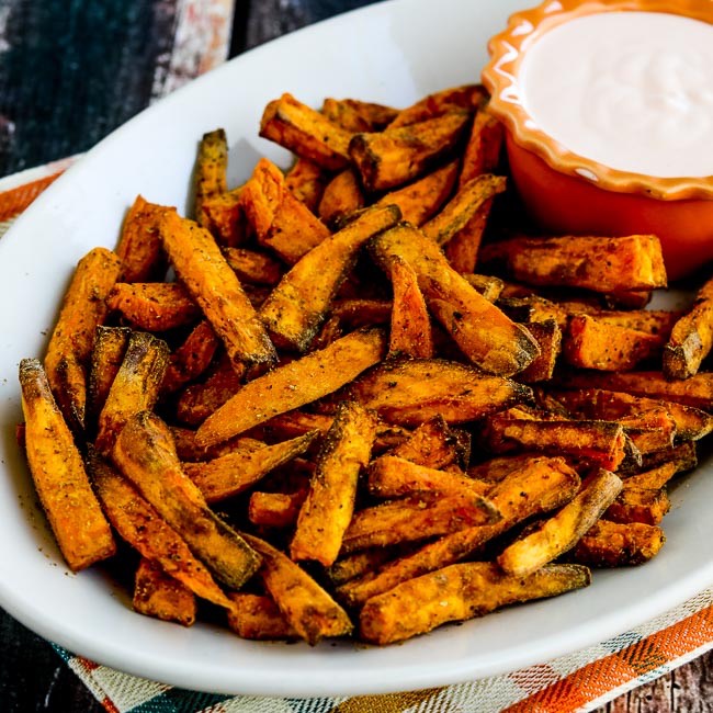 Air Fryer Spicy Sweet Potato Fries found on KalynsKitchen.com