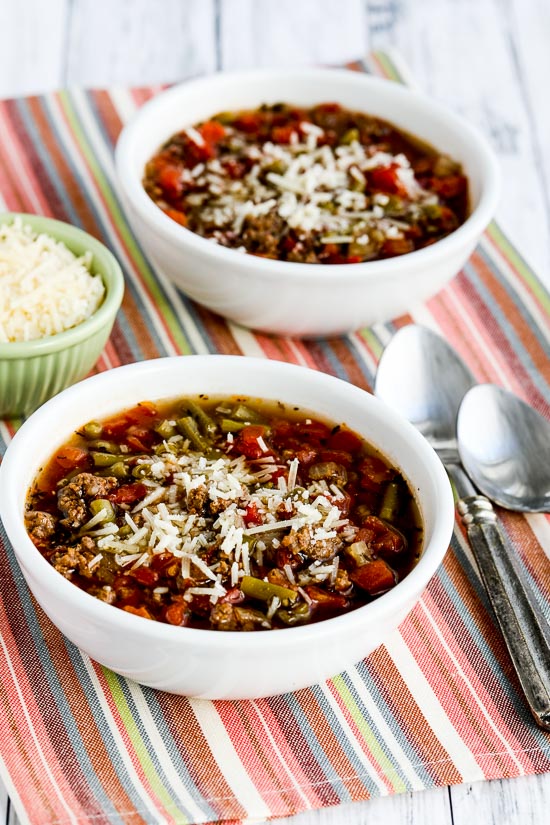 Instant Pot Soup with Ground Beef, Green Beans, and Tomatoes shown in two serving bowls