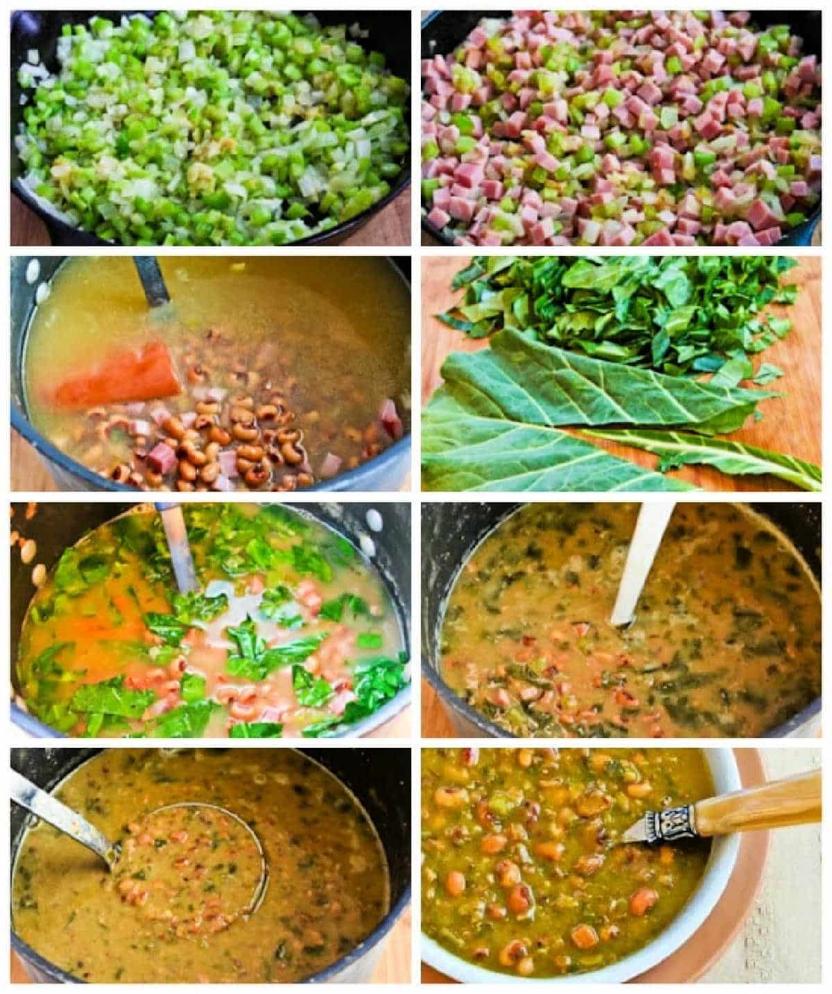 Collage of recipe steps for Hopping John Soup