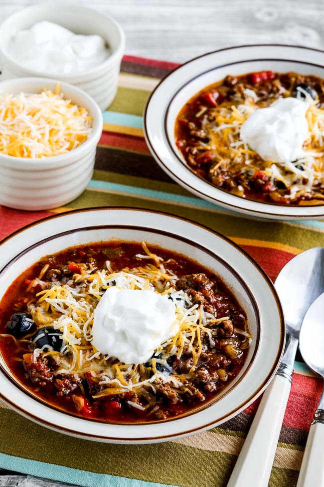 Instant Pot Low Carb Ground Beef Olive Lovers Chili found on KalynsKitchen.com
