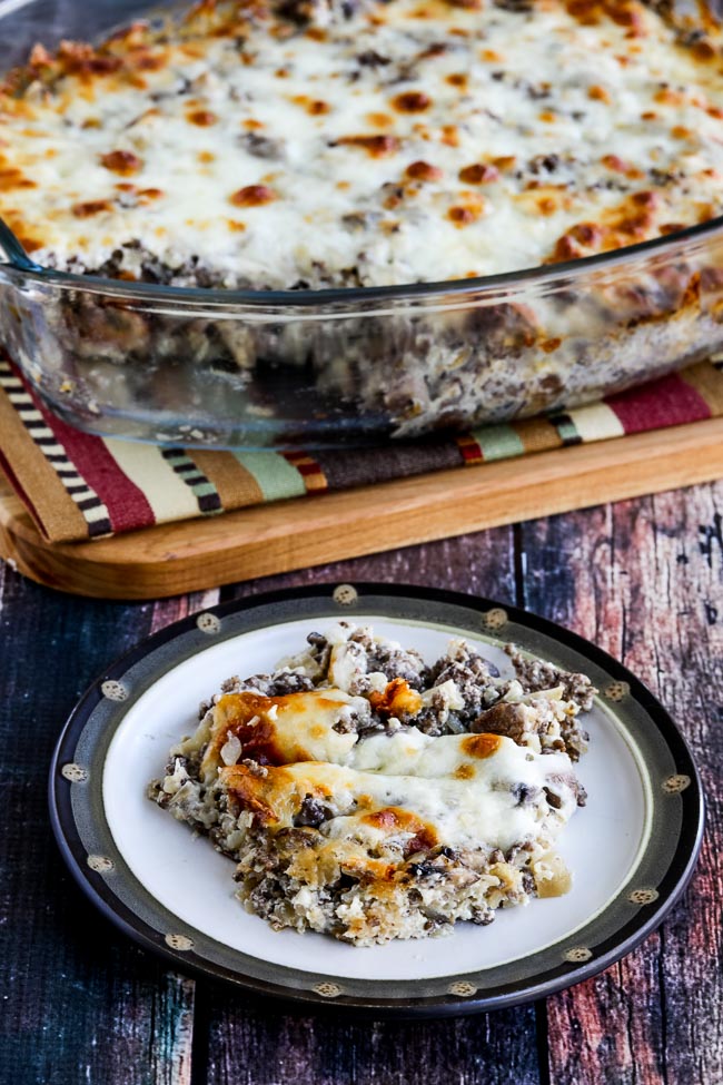 Low-Carb Ground Beef Stroganoff Casserole with Cauliflower Rice found on KalynsKitchen.com