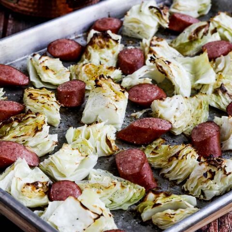Low-Carb Roasted Lemon Cabbage and Sausage Sheet Pan Meal found on KalynsKitchen.com