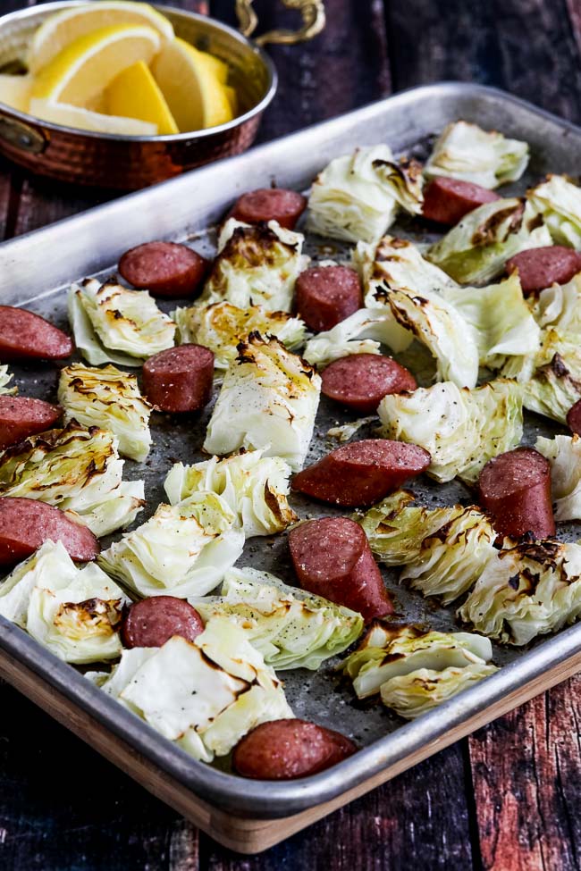 Low Carb Roasted Lemon Cabbage and Sausage Sheet Bread Meal at KalynsKitchen.com