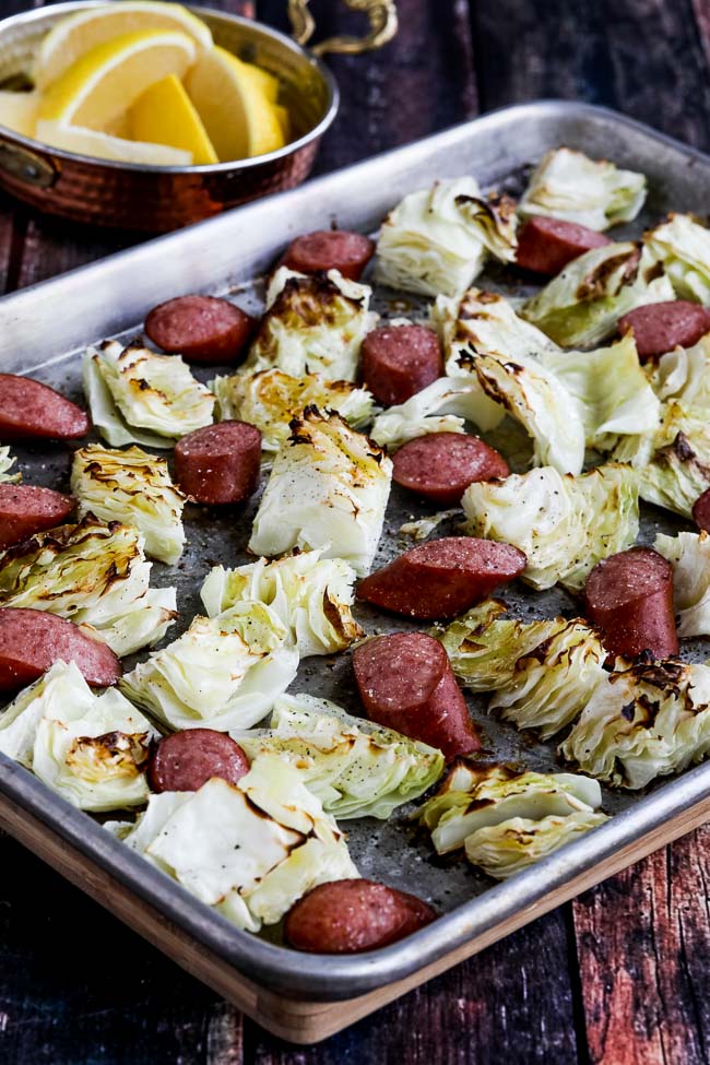 Low-Carb Roasted Lemon Cabbage and Sausage Sheet Pan Meal found on KalynsKitchen.com