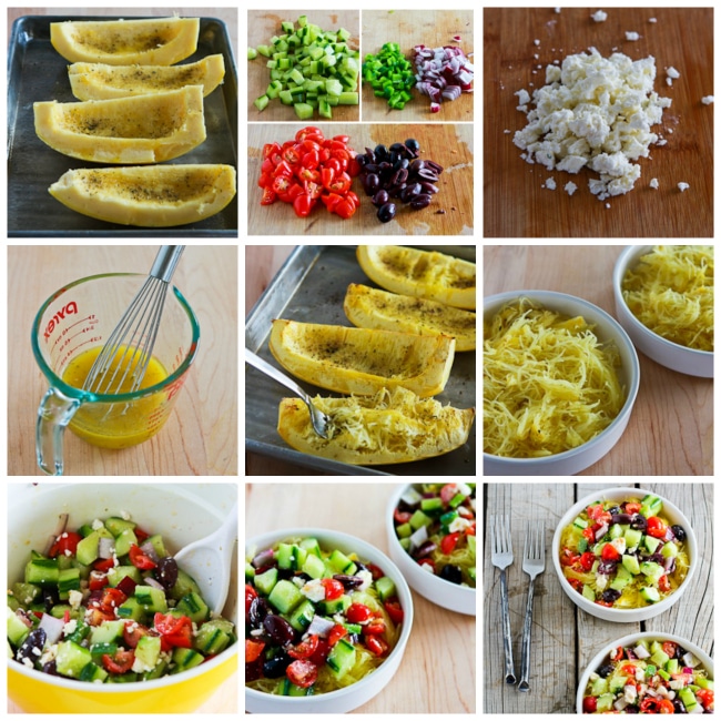 Greek Salad Spaghetti Squash Bowl process shots collage