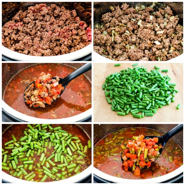 Instant Pot Low-Carb Soup with Ground Beef, Green Beans, and Tomatoes process shots collage