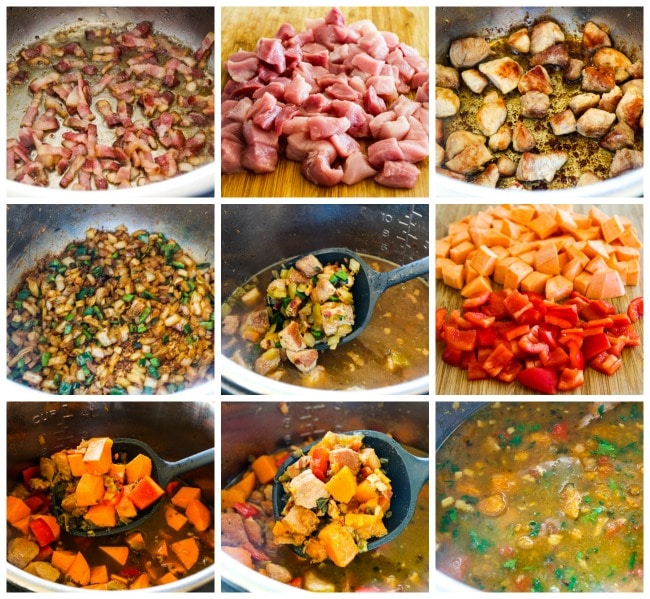 Instant Pot Southwestern Stew with Pork, Bacon, Peppers, and Sweet Potatoes process shots collage