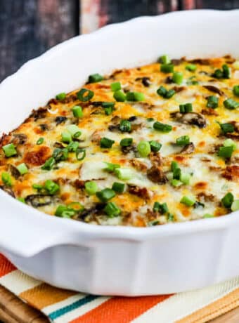 Square image for Breakfast casserole with Italian Sausage shown in baking dish.
