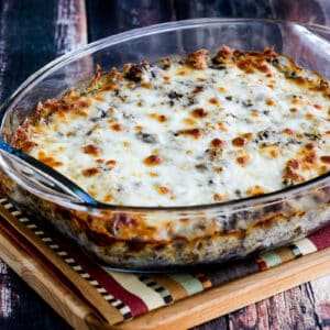 square image for Ground Beef Stroganoff Casserole shown in baking dish
