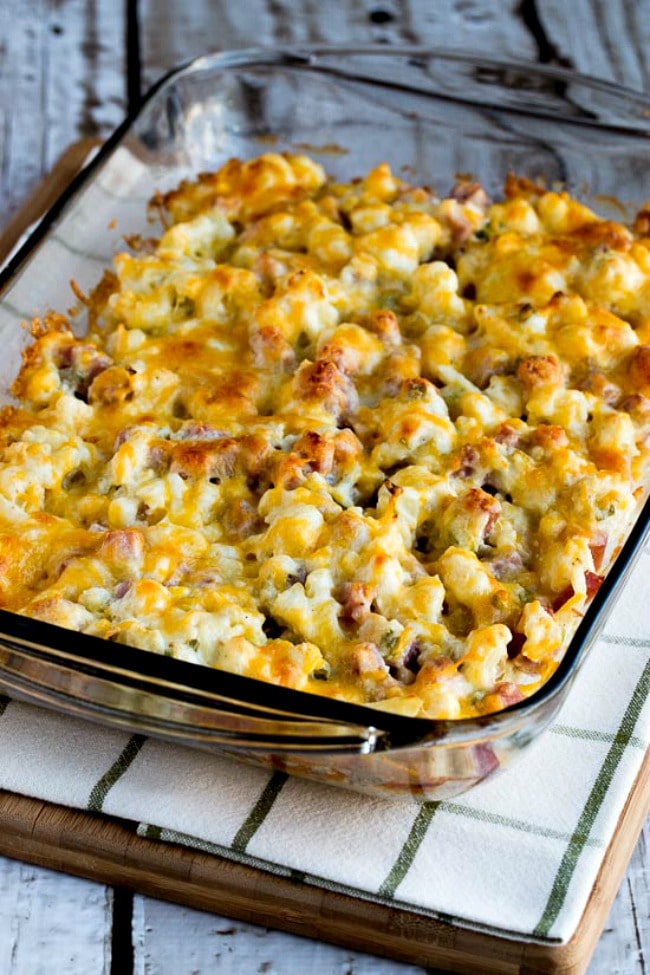 Low-Carb Ham and Cauliflower Casserole au Gratin found on KalynsKitchen.com