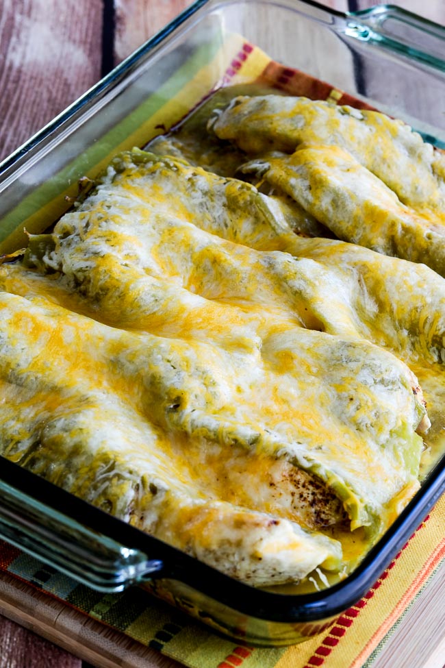 Low-Carb Twice-Cooked Chicken with Green Chiles and Cheese found on KalynsKitchen.com