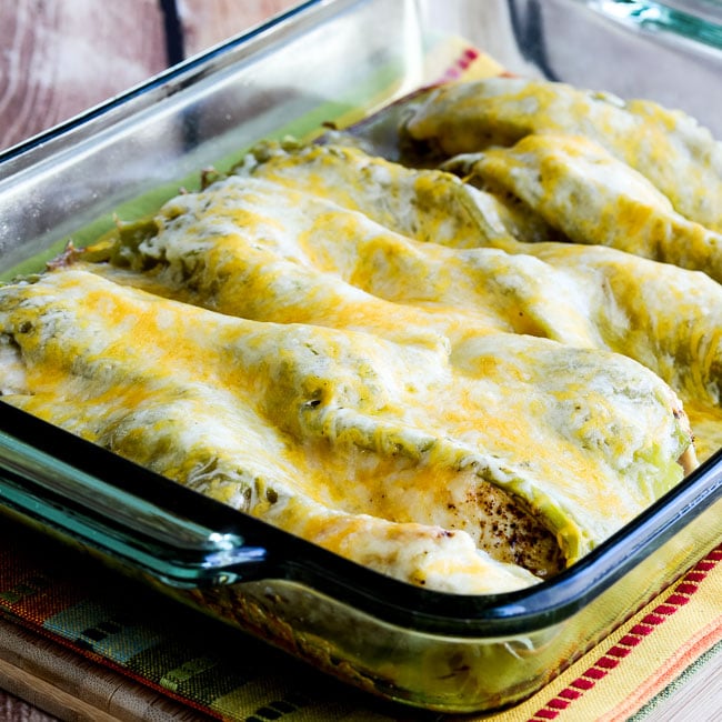 Low-Carb Twice-Cooked Chicken with Green Chiles and Cheese found on KalynsKitchen.com