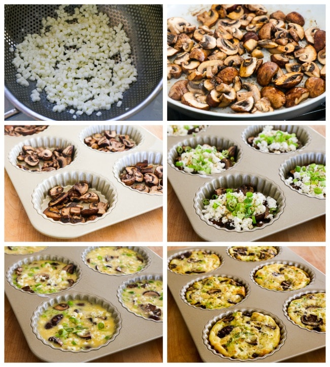 Baked Mini-Frittatas with Mushrooms, Cottage Cheese, and Feta process shots collage