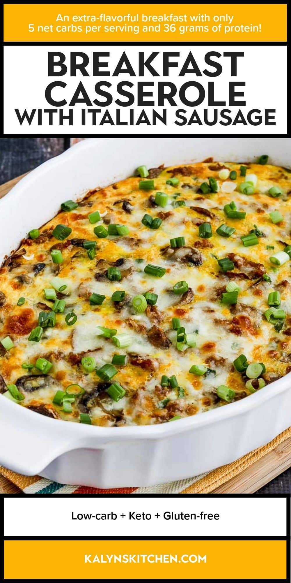 Pinterest image for Breakfast Casserole with Italian Sausage shown in baking dish.