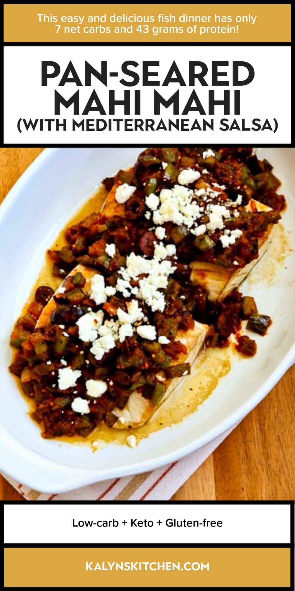 Pinterest image of Pan-Seared Mahi Mahi (with Mediterranean Salsa)