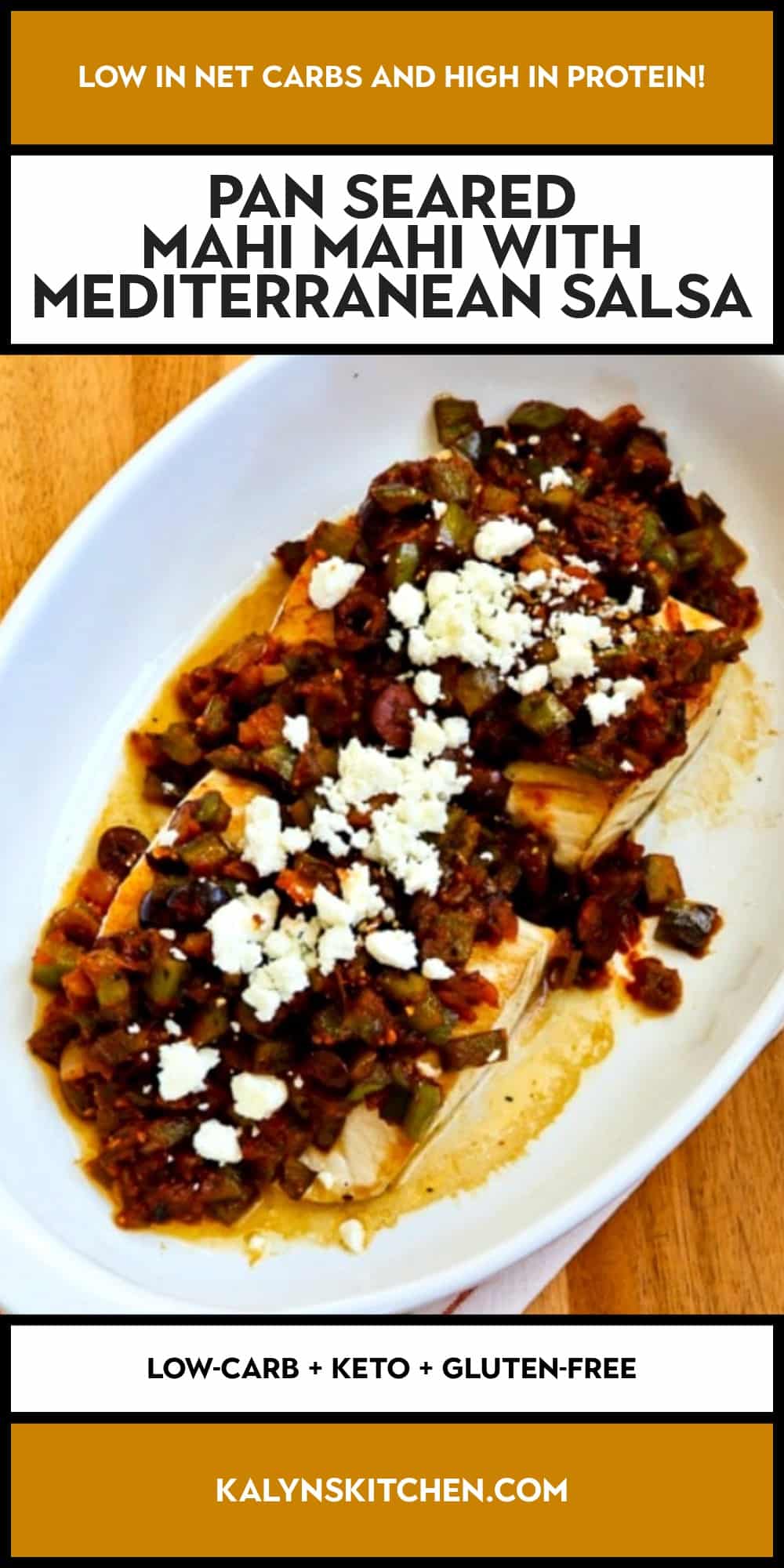 Pinterest image of Pan Seared Mahi Mahi with Mediterranean Salsa