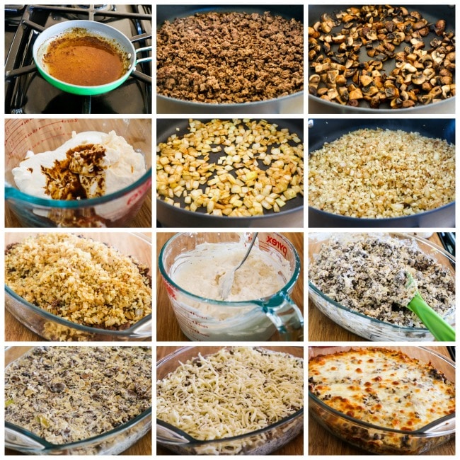 Low-Carb Ground Beef Stroganoff Casserole with Cauliflower Rice process shots collage