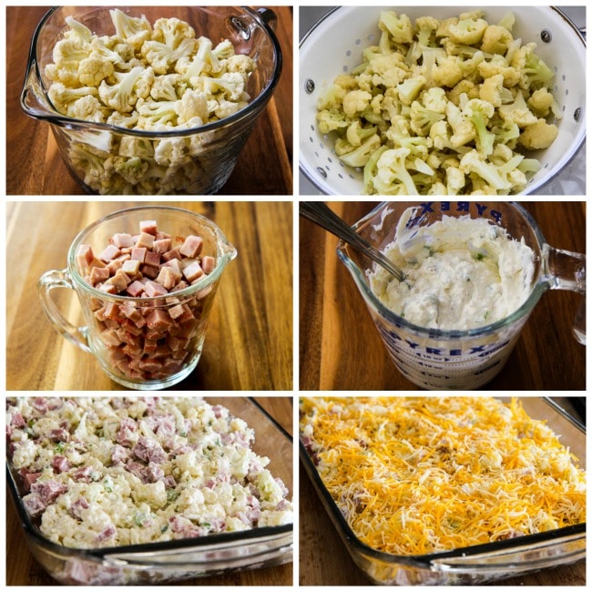 Collage of low carb ham and cauliflower gratin process plans