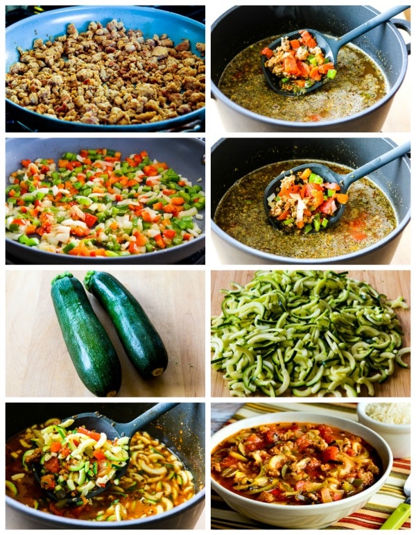Low-Carb Italian Sausage Soup with Tomatoes and Zucchini Noodles process shots collage