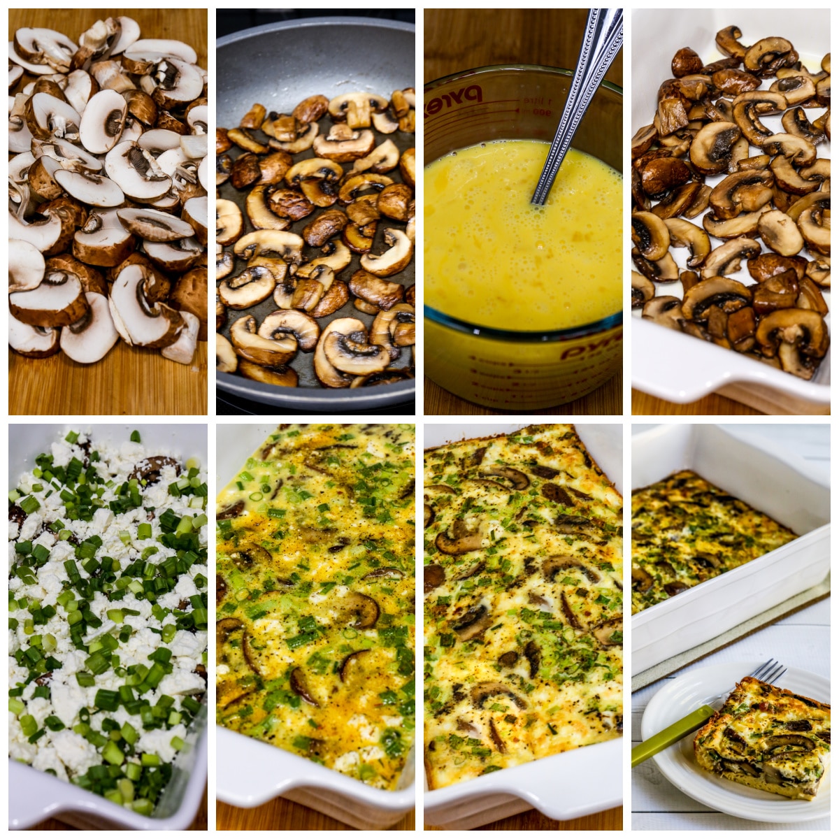 Process shots collage for Mushroom and Feta Breakfast Casserole.