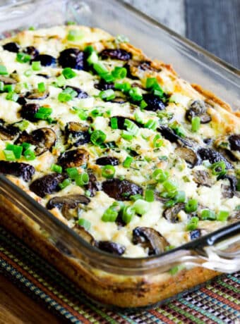 Mushroom and Feta Breakfast Casserole, square image of casserole in baking dish
