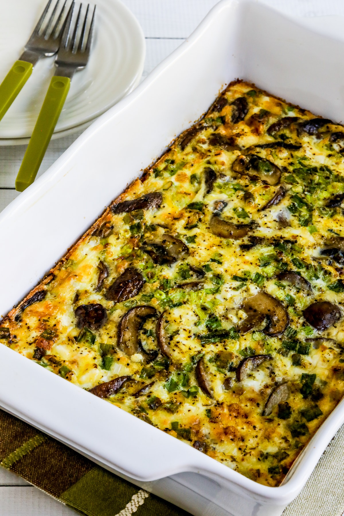 Mushroom and Feta Breakfast Casserole shown in casserole dish.