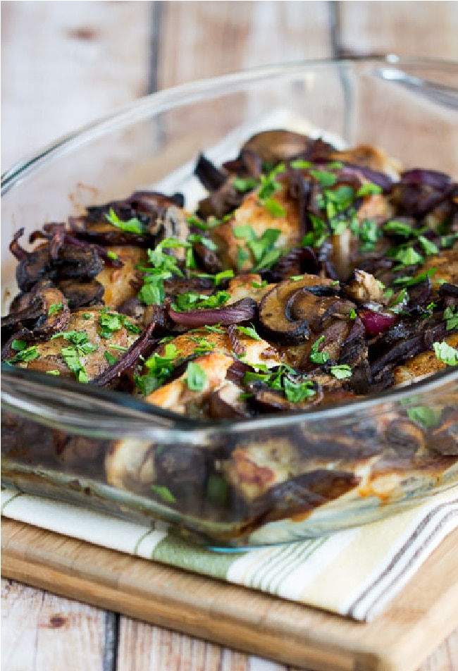 Chicken Thighs with Mushrooms cropped image of chicken thighs in roasting dish