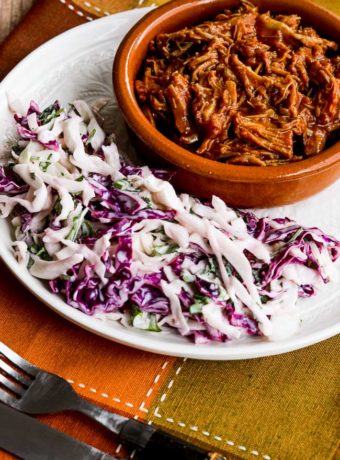 Instant Pot Pulled Pork with Low-Sugar Barbecue Sauce found on KalynsKitchen.com